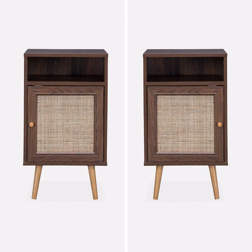 sweeek Scandi-style Bedside Table with Drawer in Dark Brown with Rattan Detail – 2