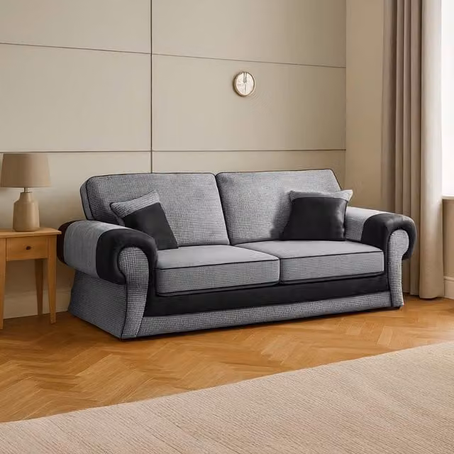 Furnishings For Less UK Portland 3 Seater Chesterfield Sofa in Black Fabric and Synthetic Leather