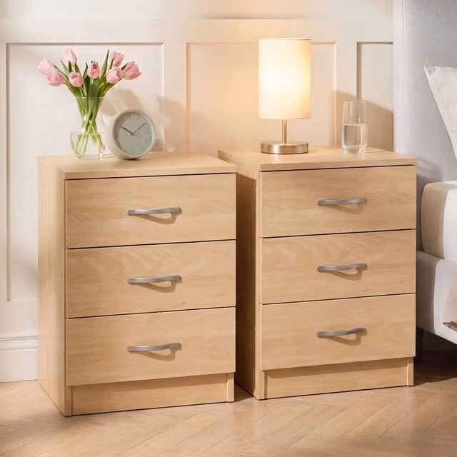Vida Designs Riano 3 Drawer Bedside Chest Set of 2 in Natural Brown Wood