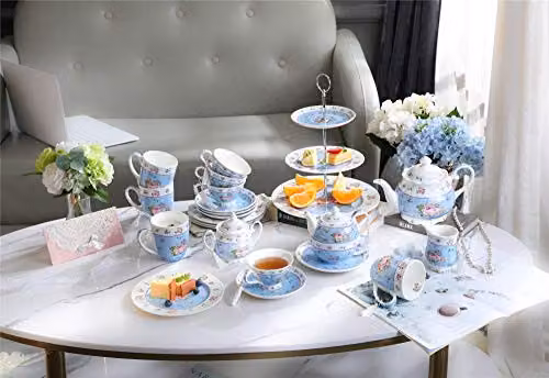 London Boutique Set of 4 Floral Blue Porcelain Fine Bone China Wide Rimmed Cake Plates – 2
