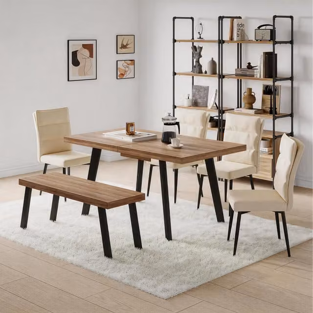 Furniture One Modern Extendable Rectangular Dining Table with Benches and Chairs in Brown Wood