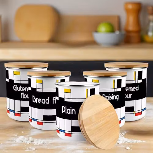 Purely Home Retro Art Deco Bread Flour Canister, 2.7 l, Multicolour Enamel and Bamboo Kitchen Storage Tin – 2
