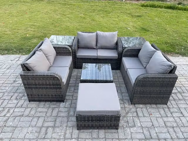 Fimous 7 Seater Wicker Rattan Garden Furniture Set in Dark Grey with U-Shape Sofa, Love Seat, Ottoman and Square Coffee Table