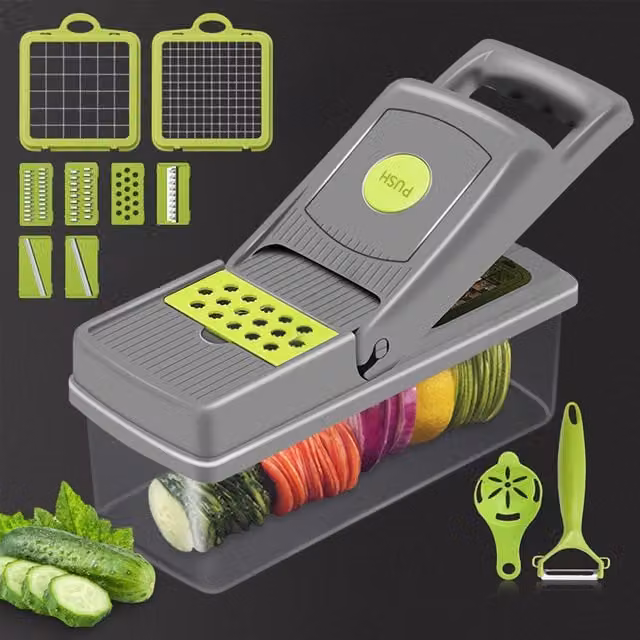Livingandhome 14-in-1 Vegetable Chopper and Slicer with Multiple Blades and Container, Grey
