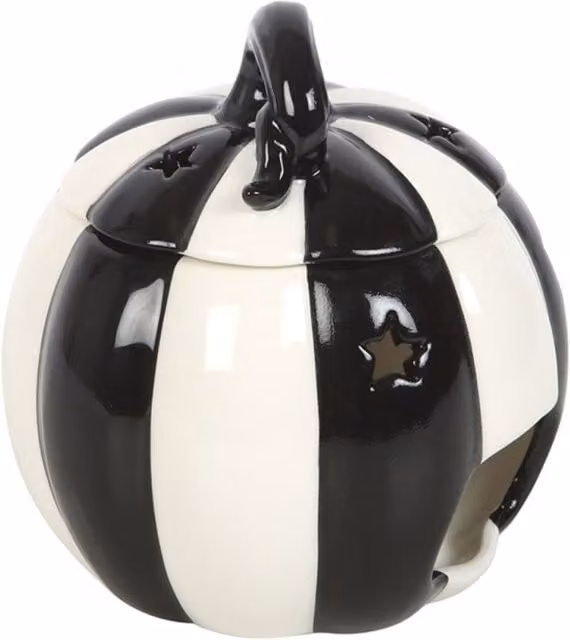 KDMK Striped Pumpkin Ceramic Tealight Oil Burner in Black and White for Halloween Tabletop Decor