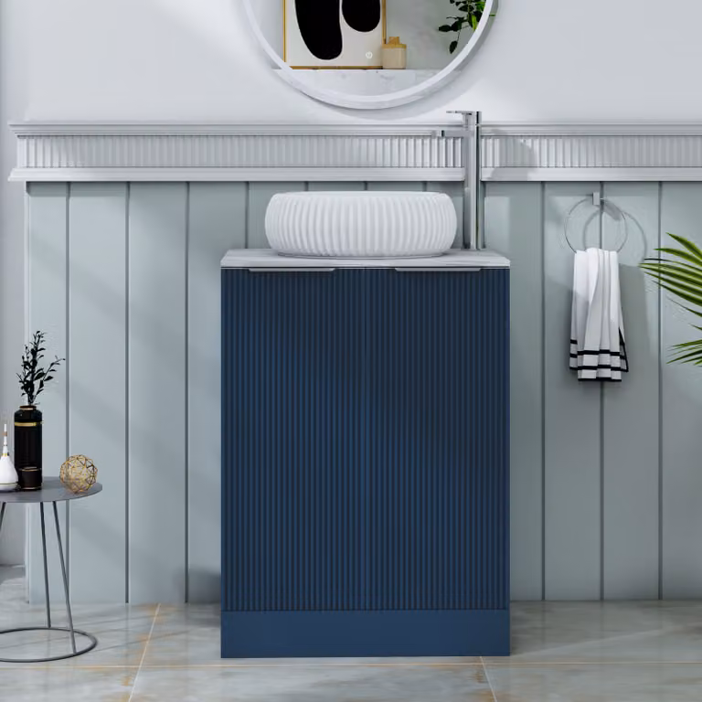 Royal Bathrooms Evora Midnight Blue Fluted Floor Standing 2 Door Vanity Unit with Milan Basin, Width: 60 cm