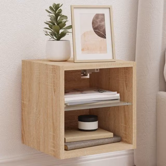 Berkfield Home Modern Wall Mounted TV Cabinet with LED Lights and Glass Doors in Sonoma Oak Brown, W/D/H: 30 x 28.5 x 30 cm