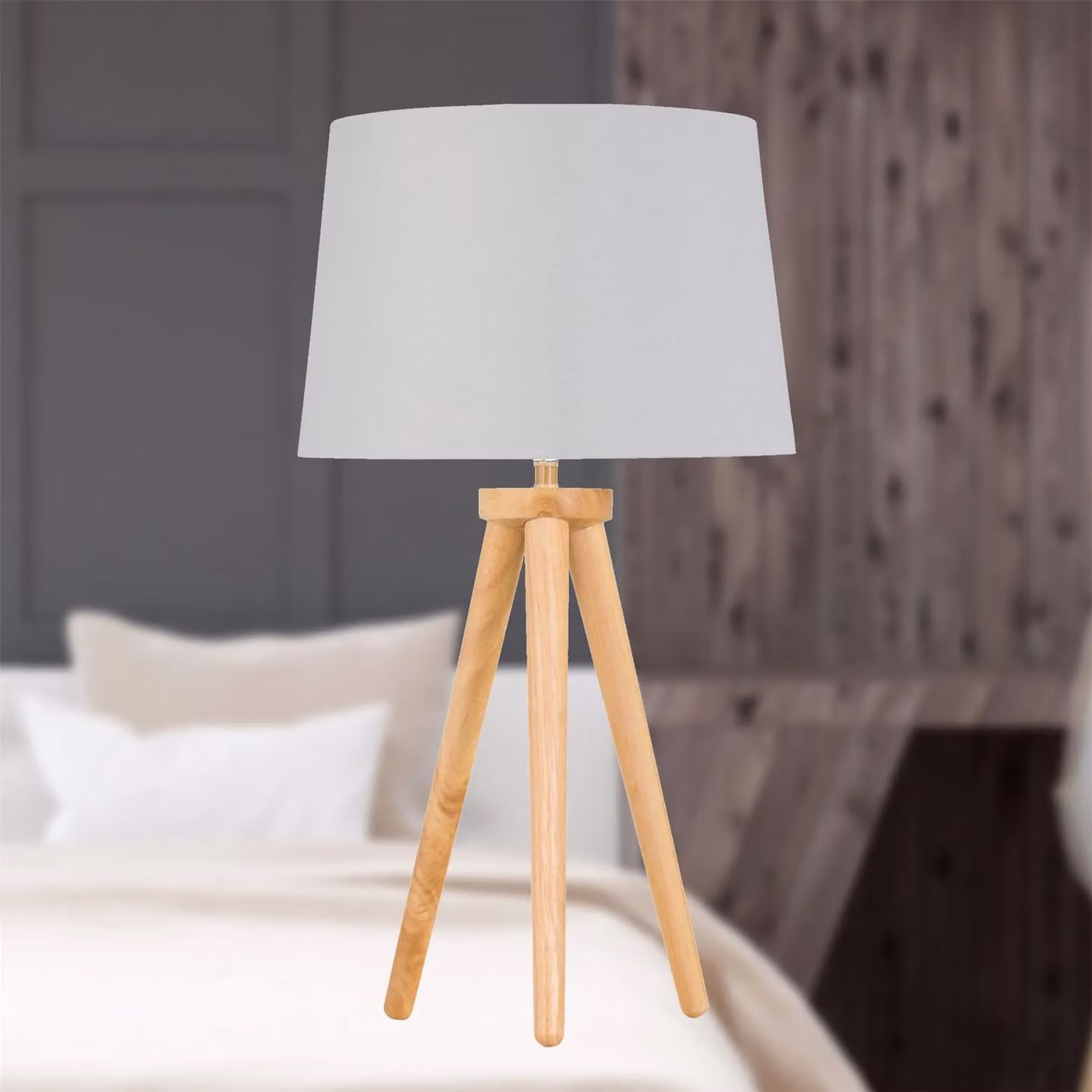 First Choice Lighting Set of 2 Light Oak Table Lamps with White and Silver Fabric Shades in Brown, H 51.0 cm x W 28.5 cm x D 28.5 cm – 2