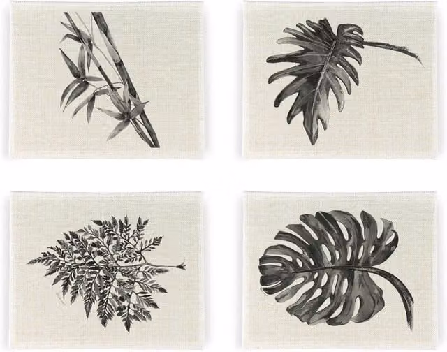 Purely Home Set of 4 White and Black Floral Painted Leaves Linen Rectangular Placemats