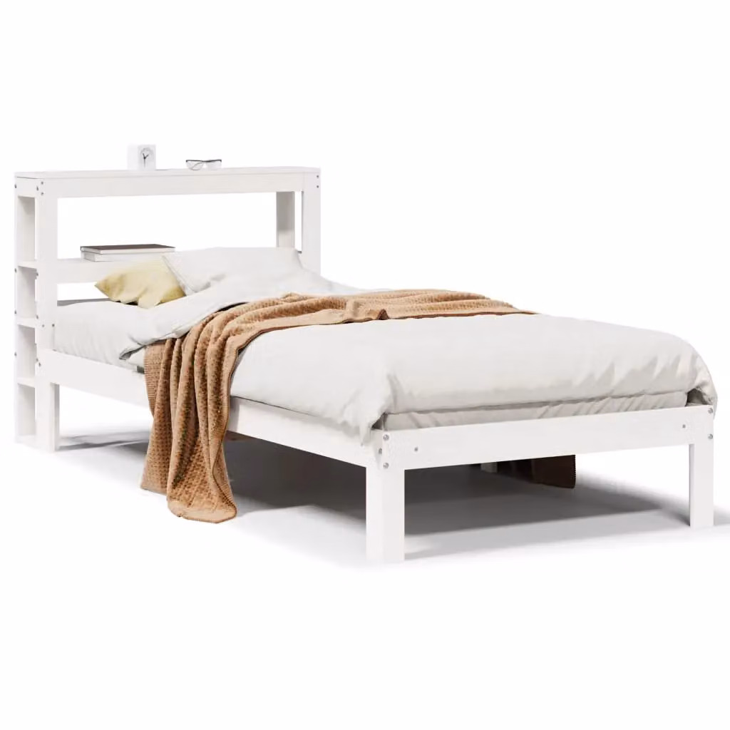 Berkfield Home Small Single Bed Frame with Headboard and Side Compartments in White Rustic Pine Wood, W/D/H: 75 x 190 x 75 cm