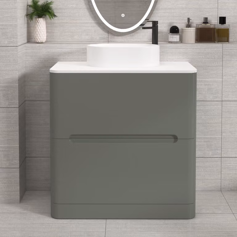 Royal Bathrooms Venice 800mm Sage Green Floor Standing Vanity Unit with 2 Drawers, Plain White Worktop and Peak Basin