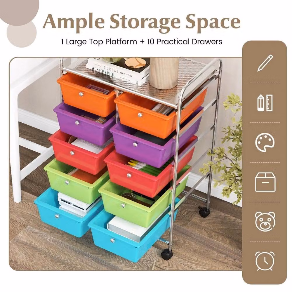 VOGREX 10-Drawer Multicolour Metal Rolling Storage Cart with Castors – 3
