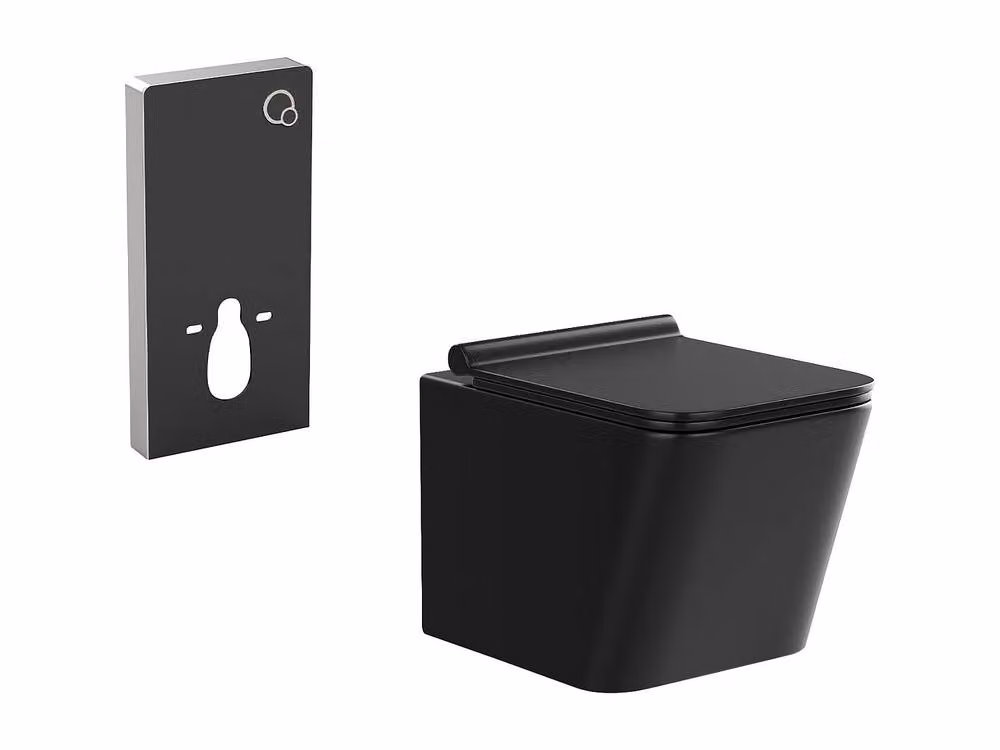Vente-unique Matt Black Ceramic Wall-Mounted Toilet Pack with Decorative Support Frame – 2
