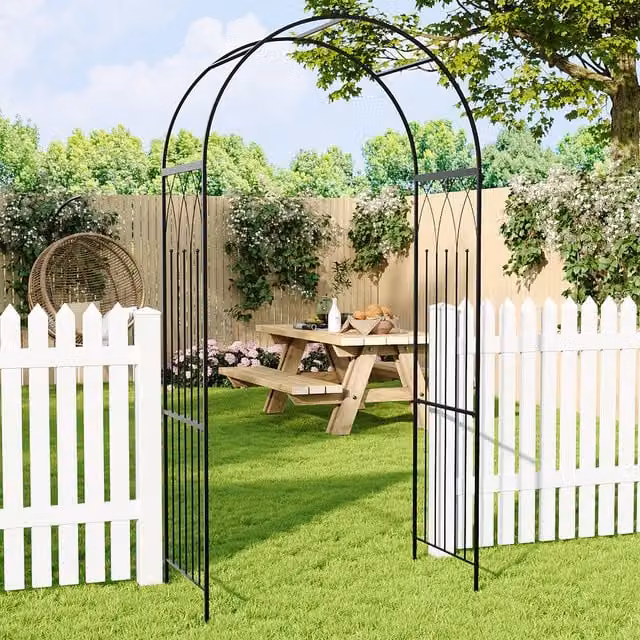 Livingandhome Freestanding Enamelled Steel Metal Garden Arch in Black, H 230 cm x W 115 cm
