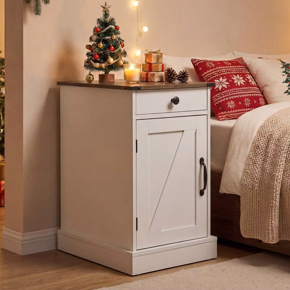 Gymax Farmhouse End Table with Charging Station and Cabinet in White – 2