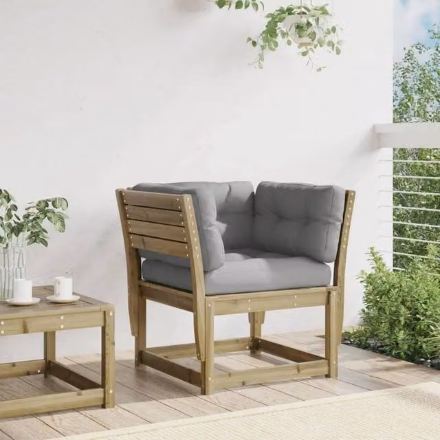 Berkfield Home Garden Sofa Armrest with Cushions in Brown and Grey, Made from Treated Pine Wood
