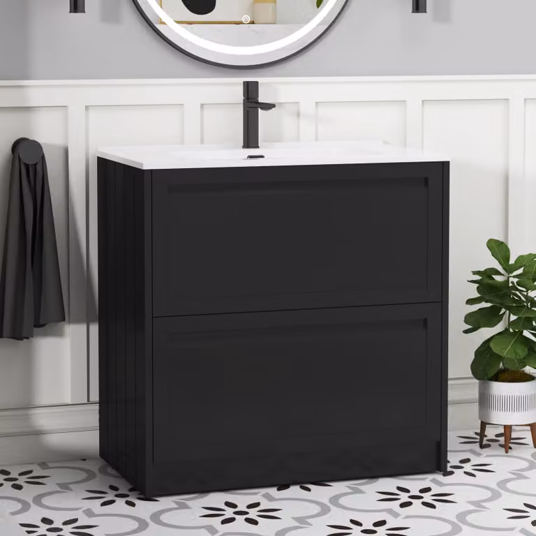 Royal Bathrooms Elmore Traditional Floor Standing 2 Drawer Vanity Unit with Ceramic Basin, Matt Nocturne Black