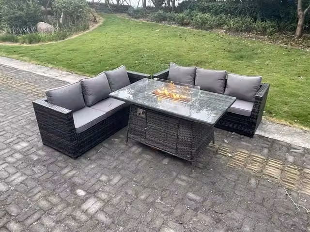 Fimous 6 Seater Outdoor Rattan Garden Furniture Set with Gas Firepit Dining Table and Heater in Dark Grey
