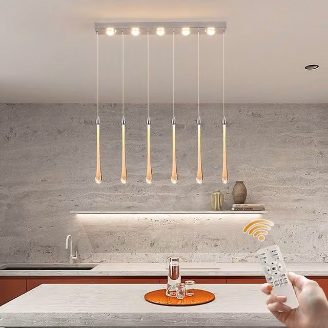 NIVOR Modern Dimmable LED Kitchen Island Pendant Light with 6 Chrome and Transparent Crystal Bubbles in White