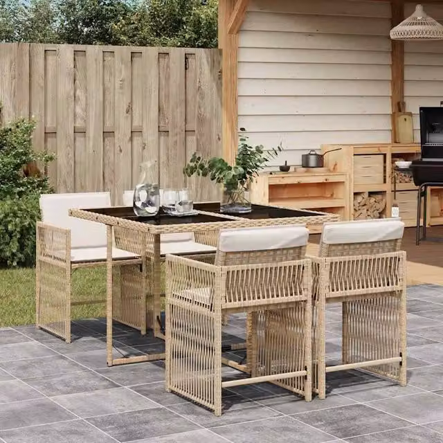 Berkfield Home 5 Piece Beige Poly Rattan Garden Dining Set with Cushions and Glass Top – 1