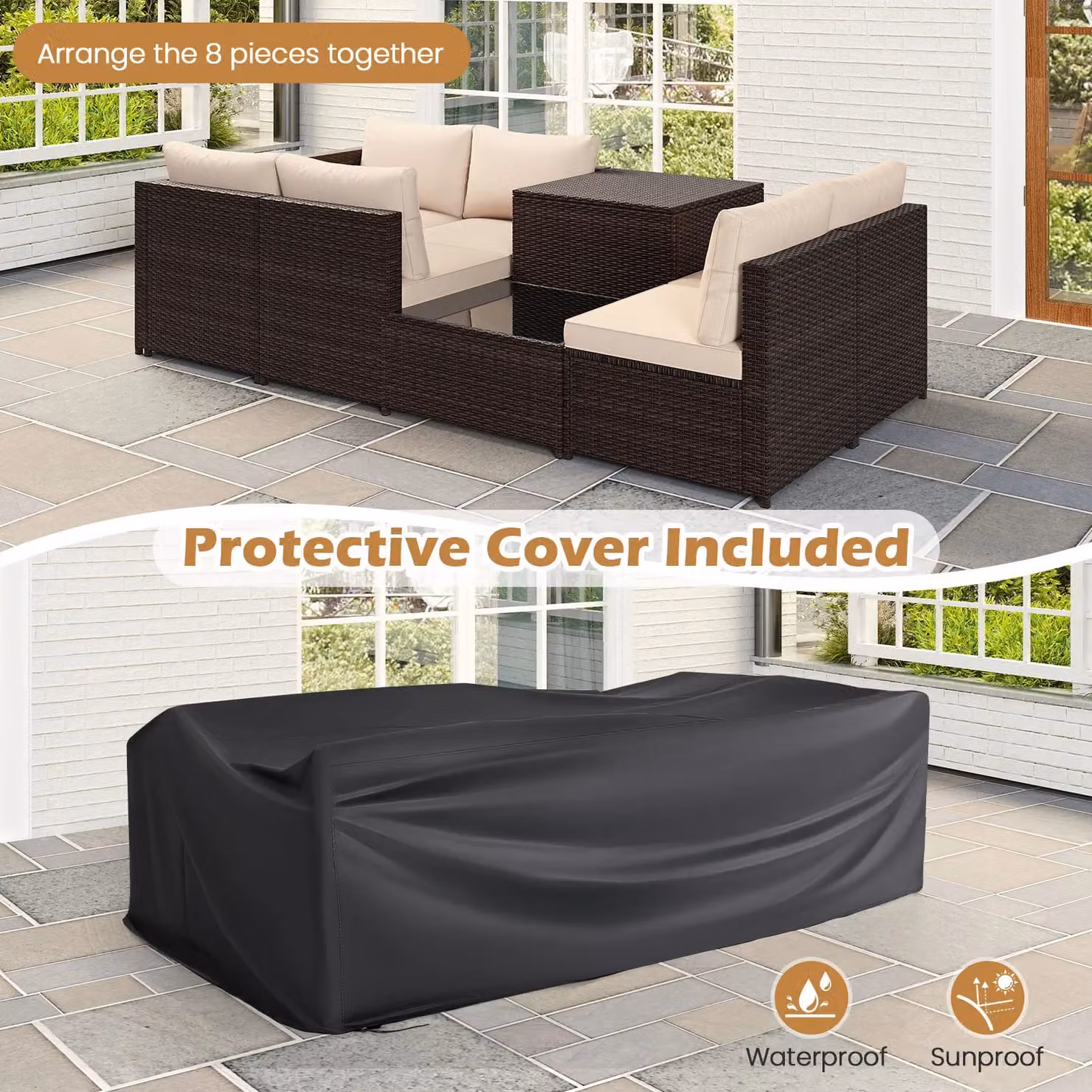 Gymax 8-Piece Brown and Beige Polyrattan L-Shape Sectional Sofa Set with Outdoor Coffee Table and Upholstered Cushions – 5