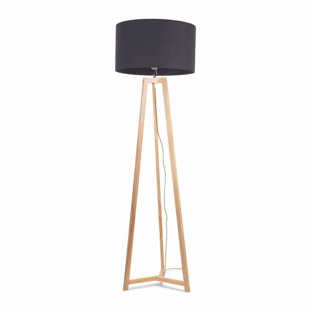 ValueLights Lottie Natural Wood Tripod Floor Lamp with Grey Fabric Drum Shade and LED Bulb, H 158 cm x W 45 cm x D 45 cm – 2