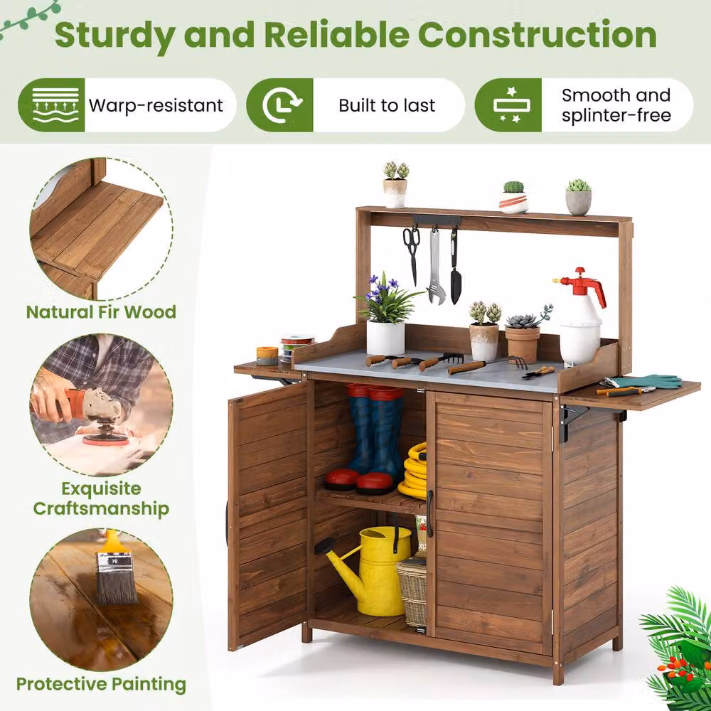 Gymax Outdoor Potting Bench Planting Workbench with Storage Cabinet in Brown – 7
