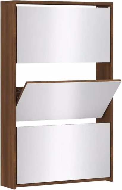 Berkfield Home Modern 3-Layer Shoe Cabinet with Mirror in Brown Oak, W: 63 cm, D: 17 cm, H: 102.5 cm