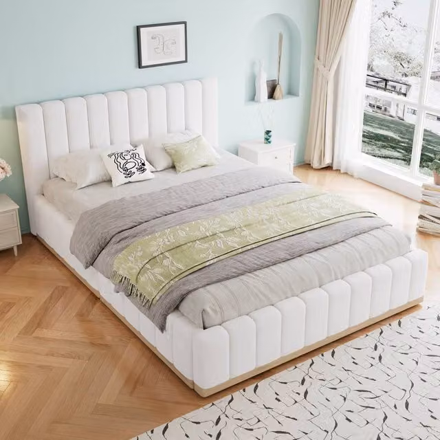 Merax White PU Leather Upholstered Double Bed with Fluted Headboard and Lift Up Base, W/D/H: 140 x 200 x 145.5 cm