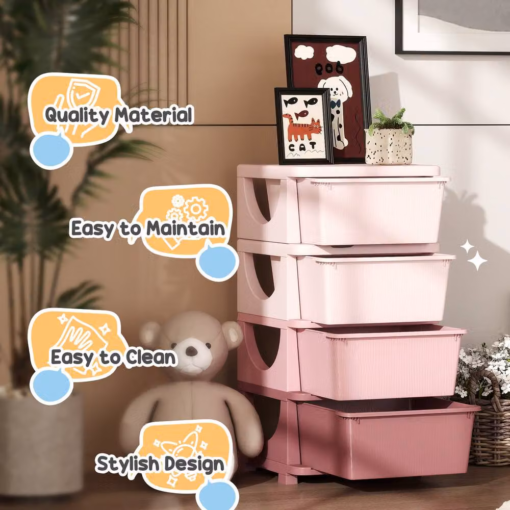 STILVORA Kids Storage Unit with 4 Drawers in Pink – 4