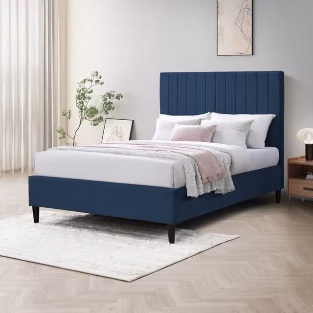 FurnitureboxUK Aster Velvet Bed Frame in Midnight Blue, 140 x 200 cm