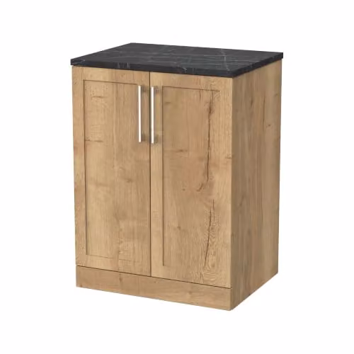 Balterley Stonnall Traditional 2 Door Floor Standing Bathroom Vanity Unit in Autumn Oak with Black Pietra Marble Laminate Worktop