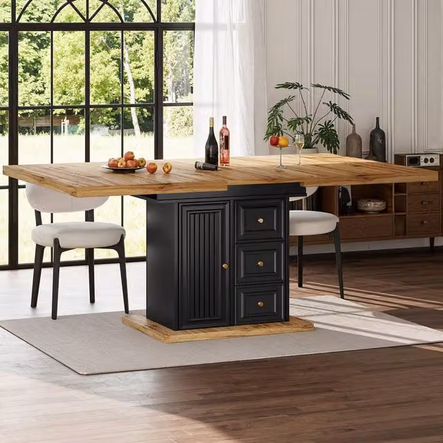 Merax Black Extendable 4-6 Seater Rectangular Dining Table with Storage Pedestal Base, W/D/H: 160 x 80 x 75 cm