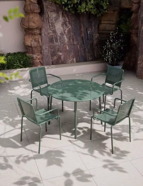 Royalcraft Porto 4 Seater Round Dining Set in Green, Powder Coated Steel Metal Garden Furniture