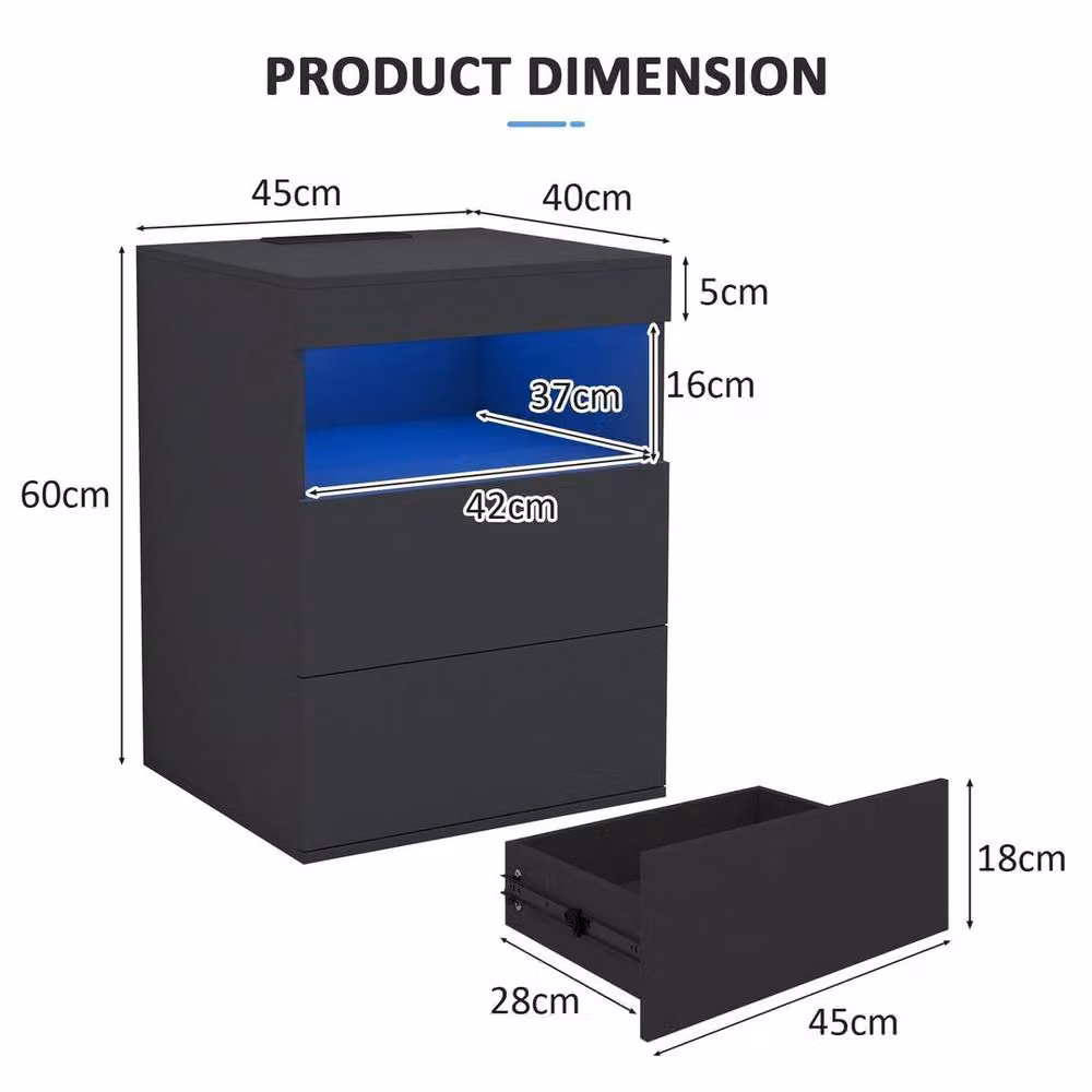 EONLION Modern Black 3-Drawer LED Light Bedside Table with Integrated Lighting, W/D/H: 100 x 60 x 100 cm – 2