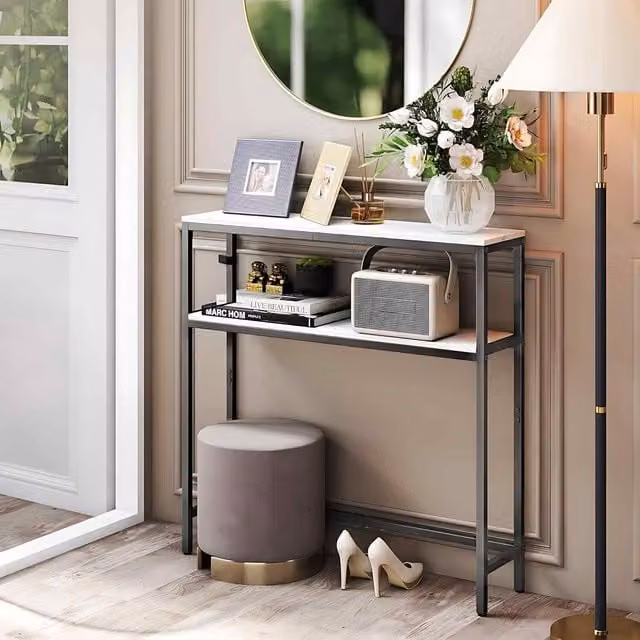 The Bazaarist Slim Console Table with 2 Shelves in White and Black