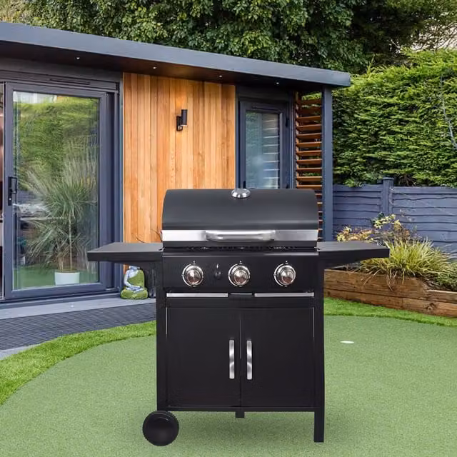 Livingandhome Outdoor Gas BBQ Grill Trolley with Side Shelf and Warming Rack in Black, Width: 106 cm