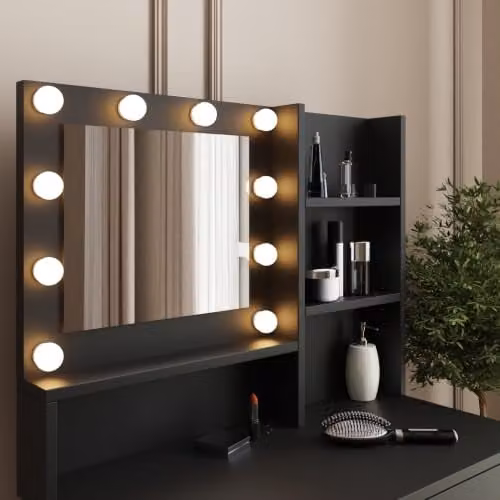 GFW Eva LED Dressing Table Set with LED Mirror and Cushioned Stool in Black – 2
