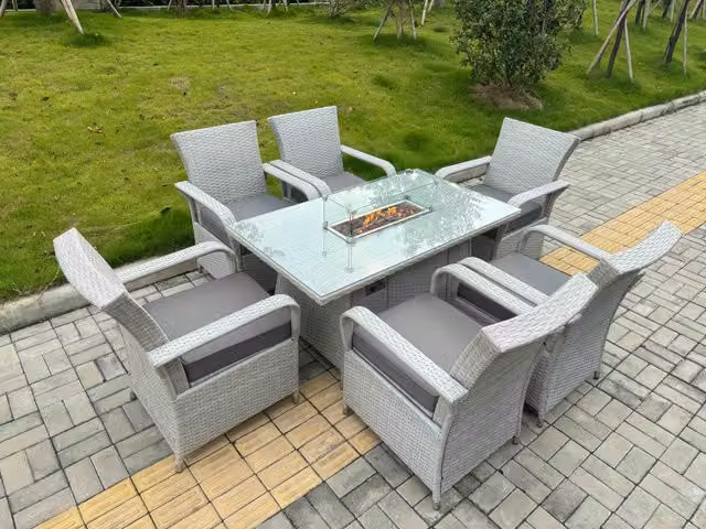 Fimous Rattan Outdoor Garden Furniture Set with Gas Fire Pit Table and 6 Chairs in Light Grey