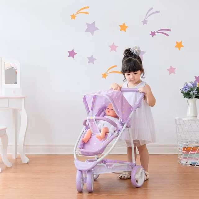 Olivia's Little World Twinkle Stars Princess 2-in-1 Convertible Baby Doll Stroller in Purple, White and Gold