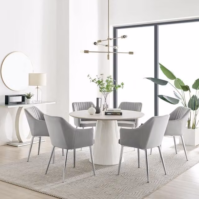 FurnitureboxUK Palma Beige Stone Effect Round Dining Table and 6 Calla Silver Leg Chairs in Grey