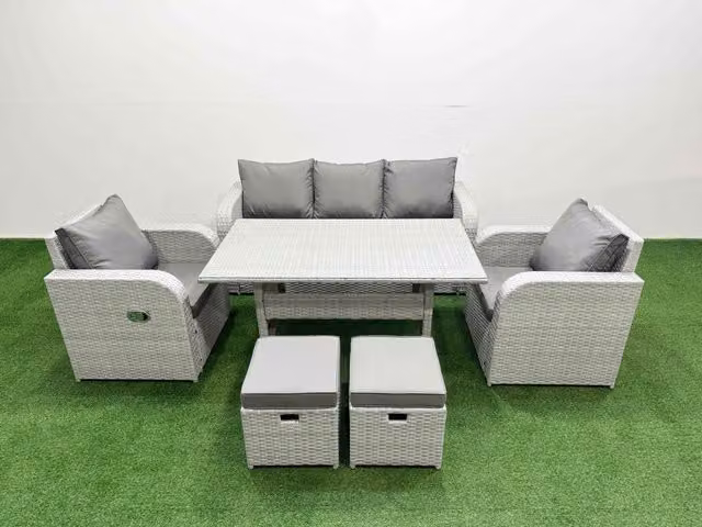 Fimous PE Rattan Garden Furniture Set in Light Grey with Rectangular Glass Top Dining Table, Reclining Chairs, Sofa, and Two Small Stools