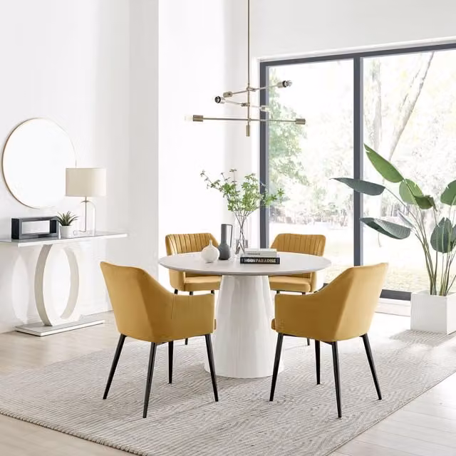 Furniturebox Palma Beige Stone Effect Round Dining Table and 4 Calla Mustard Chairs with Black Legs