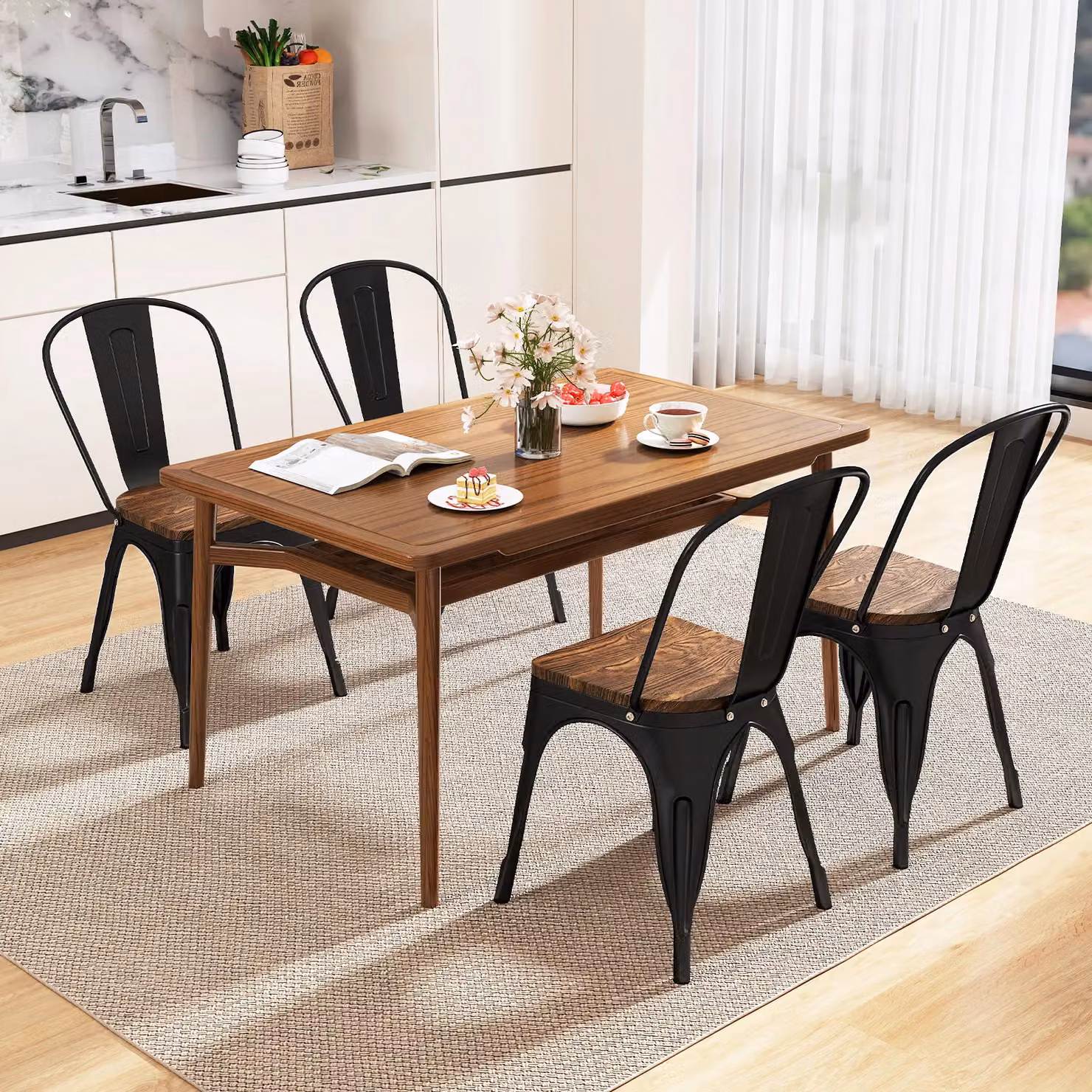 Gymax Set of 4 Stackable Metal and Wood Industrial Dining Chairs in Matt Black – 5