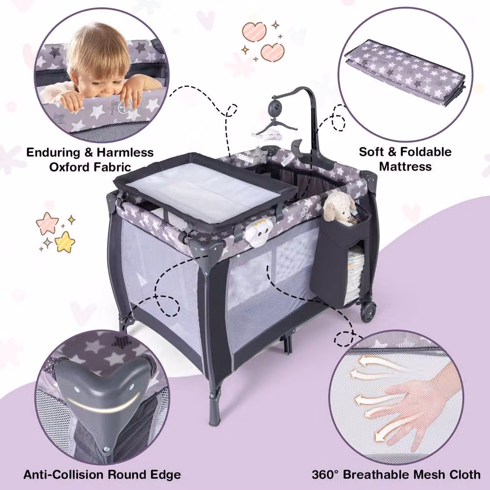 Costway 3 in 1 Foldable Baby Activity Center Playpen with Diaper Changing Table, Grey – 4