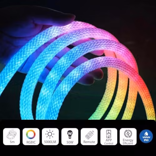 ENERJ RGBIC Neon Rope Light, 5m Multicolour Waterproof IP65 LED Strip, 50W 5000LM Smart Lighting with App, Remote Control and Music Sync – 2