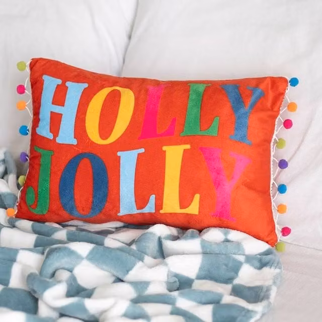 Uniqueful Red Holly Jolly Christmas Cushion with Pom Poms