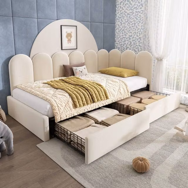 Rolipo Beige Velvet Single Sofa Bed with Storage Drawers W/D/H: 90 x 190 x 76 cm