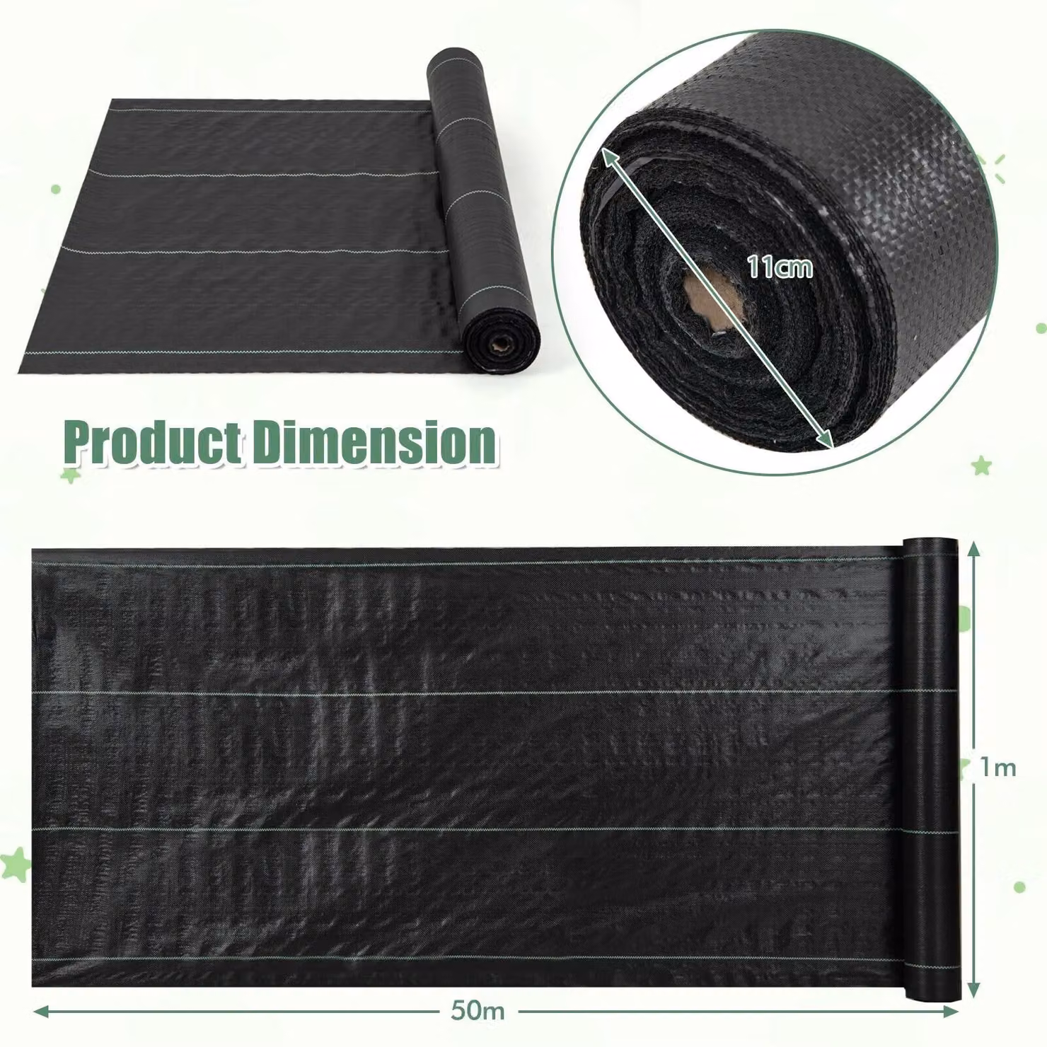 Costway Black Garden Weed Barrier Fabric with Guide Line, W: 1 m, L: 50 m – 2