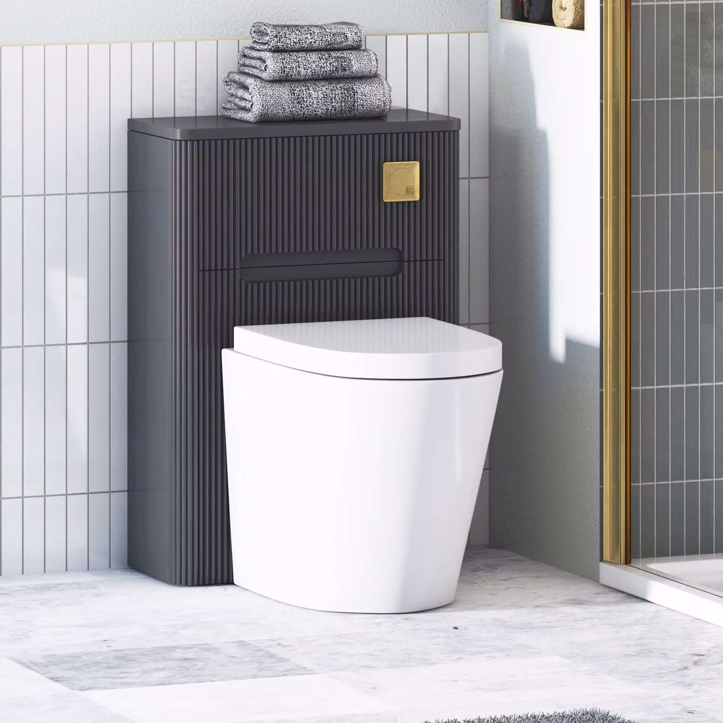 Avenza Matt Obsidian Black BTW WC Unit with Cesar Rimless Ceramic Toilet Pan, Seat and Cistern, Wall Mounted, Width: 55 cm